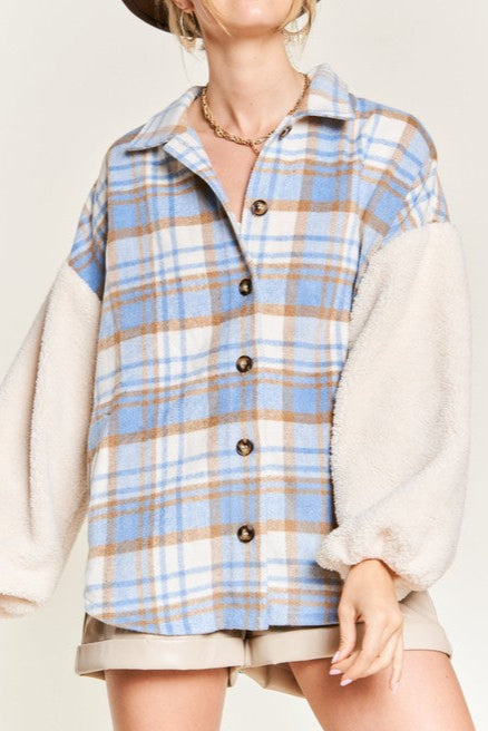 Plaid and Fuzzy Sleeve Jacket PLUS 1X-3X 2 Colors Available