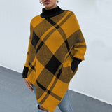 Yellow Mock Neck Plaid Knit Poncho (S-L)