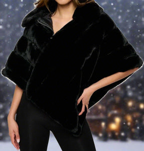 Faux Fur Poncho with Zipper -Black (S-XL)